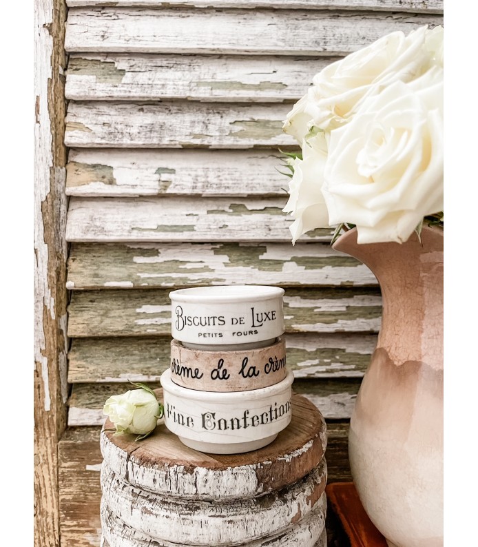 Antique English- Ironstone riser stack of 3 w/ Biscuits De Luxe, Creme De La Creme, Fine Confections transfers - An Instant Collection - LTD